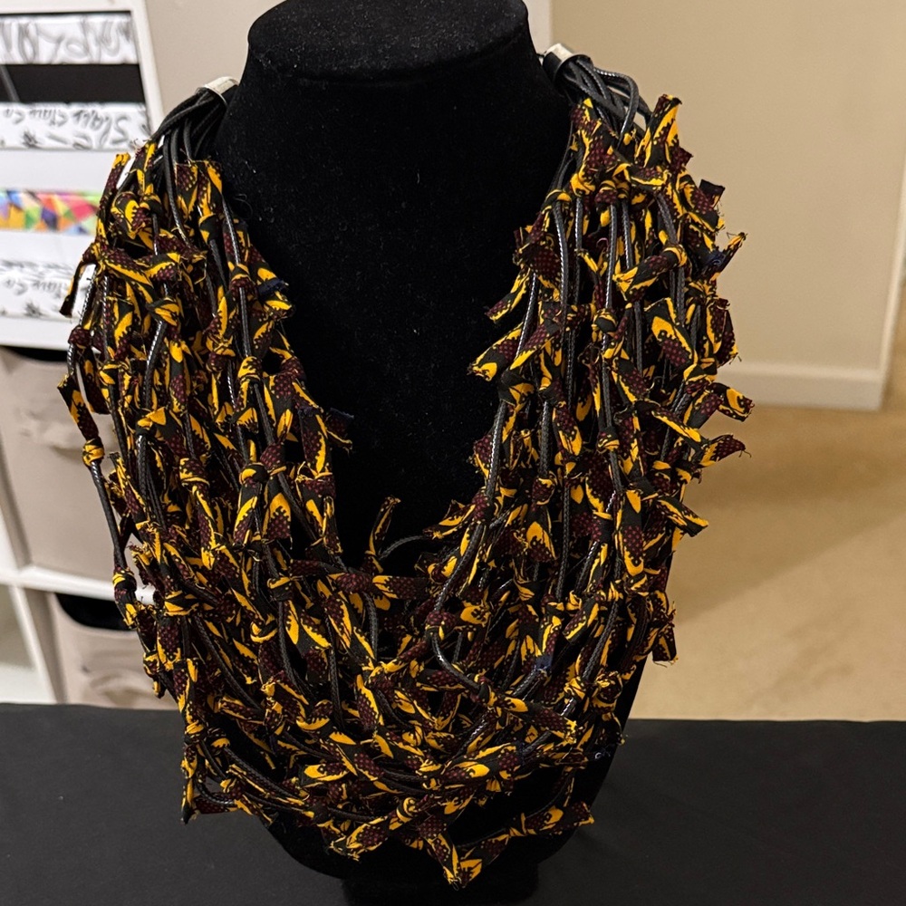 Multi-Strand Fabric Statement Necklace in Yellow and Brown
